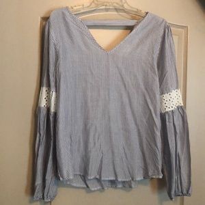 White and blue lace long sleeve blouse